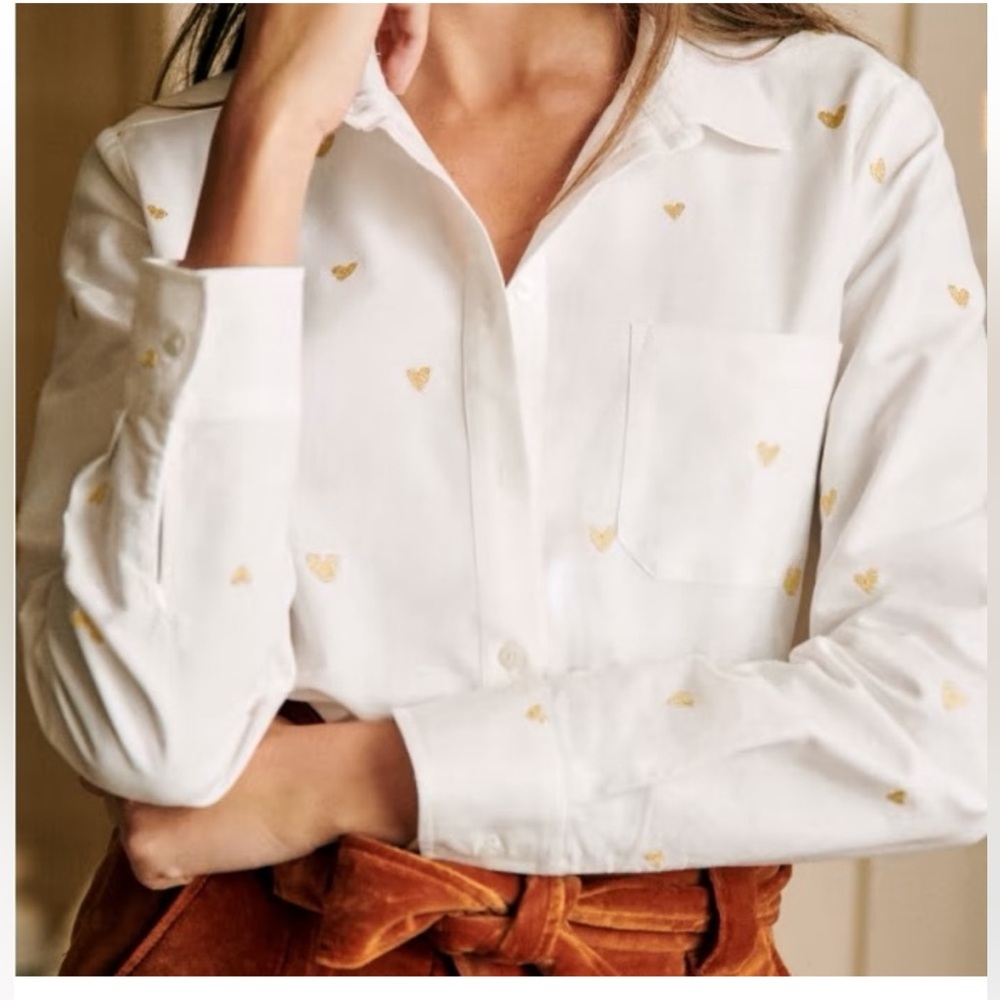 NWT Sezane Tomboy Shirt Embroidered Gold Hearts